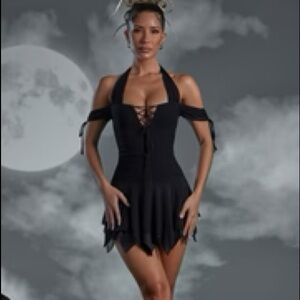 Oh Polly Lace Up Halter Neck Mini Dress in Black